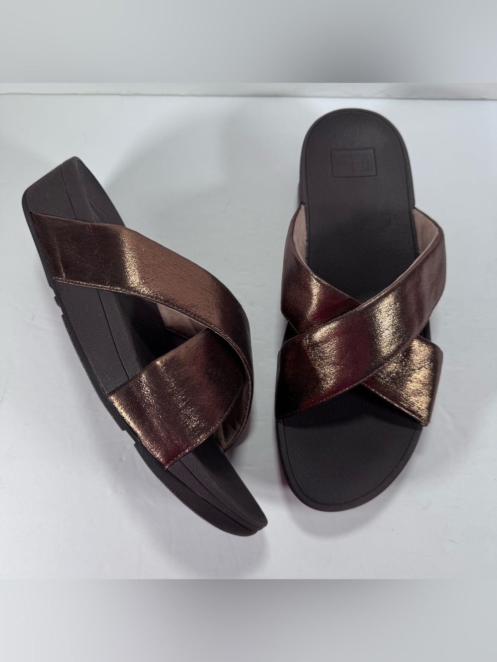 FitFlop Lulu Glitz Metallic Bronze Brown Slip On Slide Sandals Women Size 11